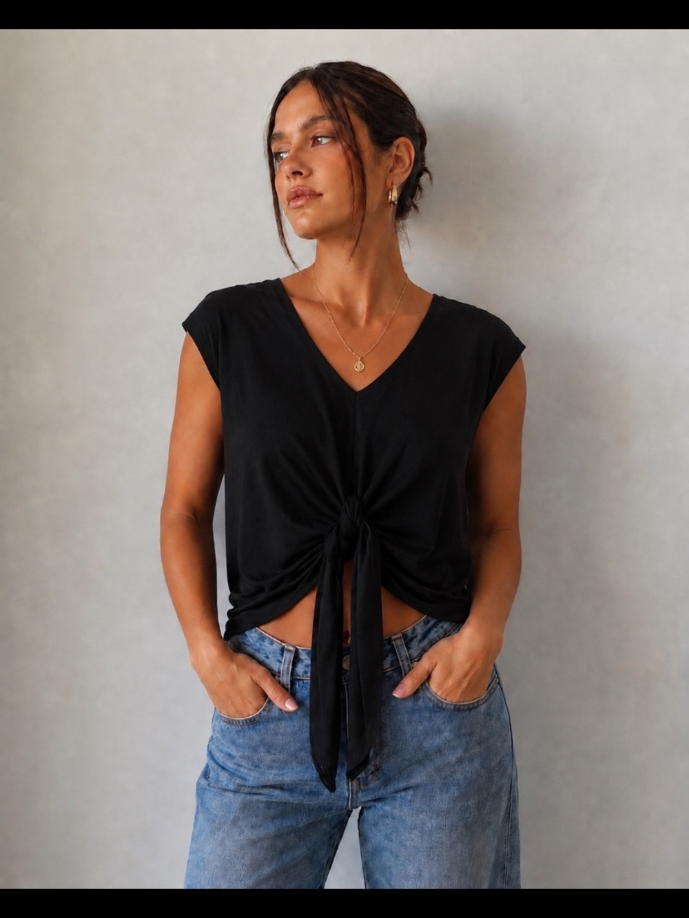 Zara Black V-Neck Front Tie Crop Top Minimalist Whimsygoth Party - Picture 1 of 10